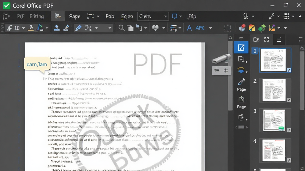 Corel Office ���� PDF �༭���߽��棬������ʾһ�ݴ򿪵� PDF �ĵ����Ա��б༭������������Ϊ����ĵ��Ҳ๤����壬����ִ��칫��ϸ�ڰ���ע�ͱ�ǩ��ˮӡͼ�ꡢҳ������ͼ�����������ɾ��޶���Ԫ��