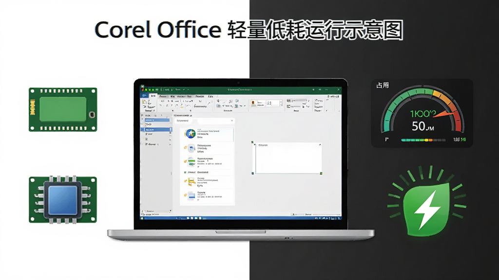Corel Office �����ͺ�����ʾ��ͼ����������Ϊһ̨�ʼǱ�������ʾ�������棬�Ա��������Ǳ�����ʾ��ռ�ã�����Ϊ���ҶԱȣ������Ƽ���ϸ�ڰ����ڴ���ͼ�ꡢCPU ͼ�ꡢ��ɫ���ܱ�ʶ�����������ɾ��޶���Ԫ��