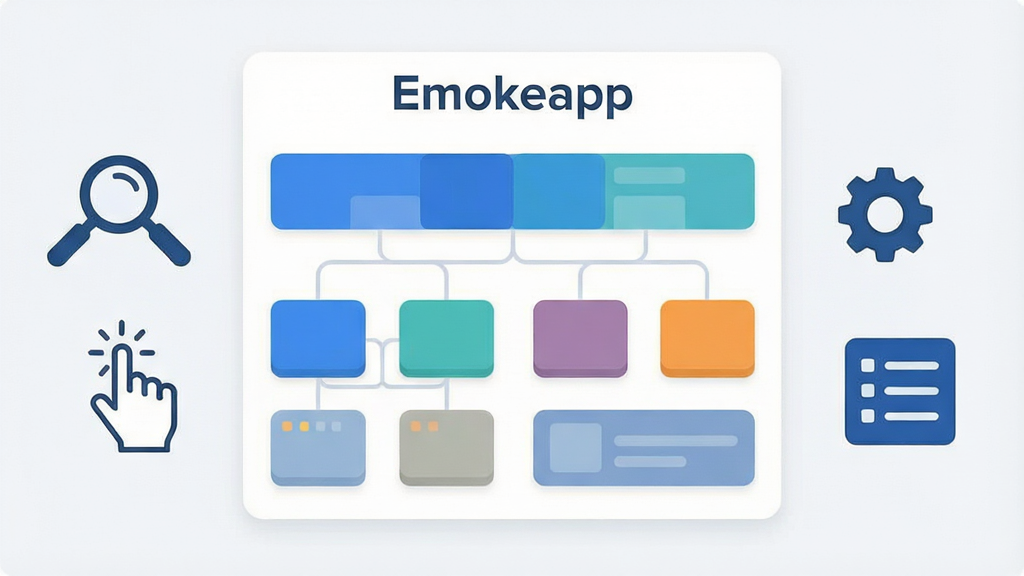 一张信息图表风格的数字插画,画面中央是“Emokeapp”的界面结构示意图,用不同颜色的矩形色块代表各个功能区域,色块之间用细线连接展示层级关系,左侧配有放大镜和手指点击的图标,右侧配有齿轮和列表图标,整体布局为左右对称,风格为现代扁平化信息图,细节上色块边缘圆润,配色以蓝、白、浅灰为主,画面干净整洁,无多余文字,画质清晰,2K分辨率