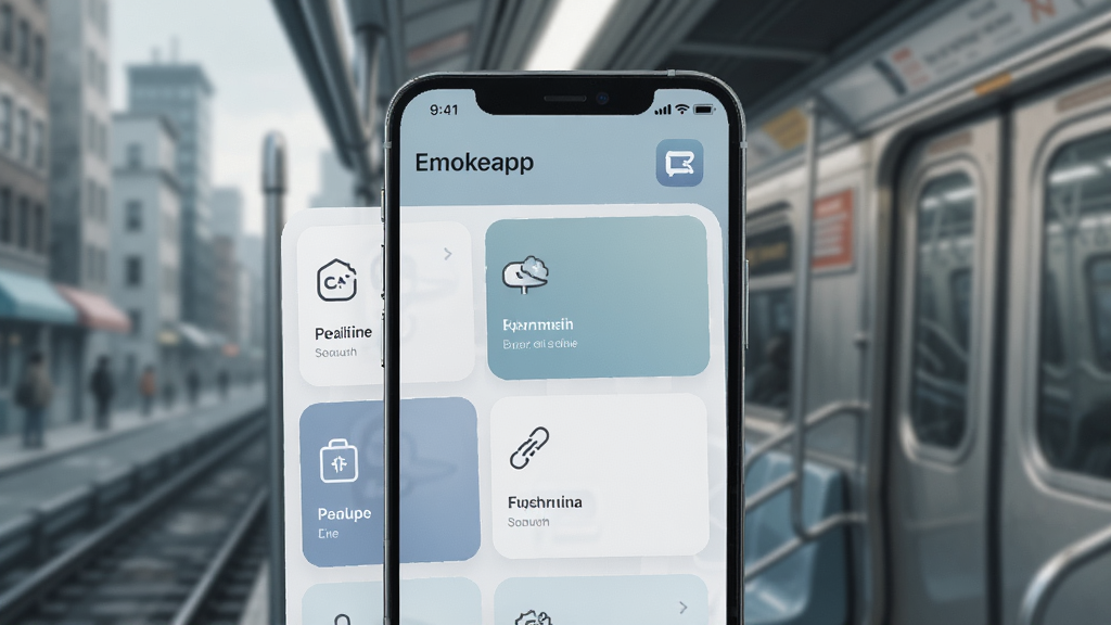 一部智能手机竖屏显示“Emokeapp”的运行界面,手机屏幕中展示着多个功能模块卡片,手机背后是虚化的城市街景和地铁车厢轮廓,画面采用浅景深效果,风格为都市生活摄影插画,细节上手机屏幕亮度适中,界面文字清晰可辨,整体色调偏冷灰与浅蓝,画面干净无杂乱元素,画质高清,2K分辨率