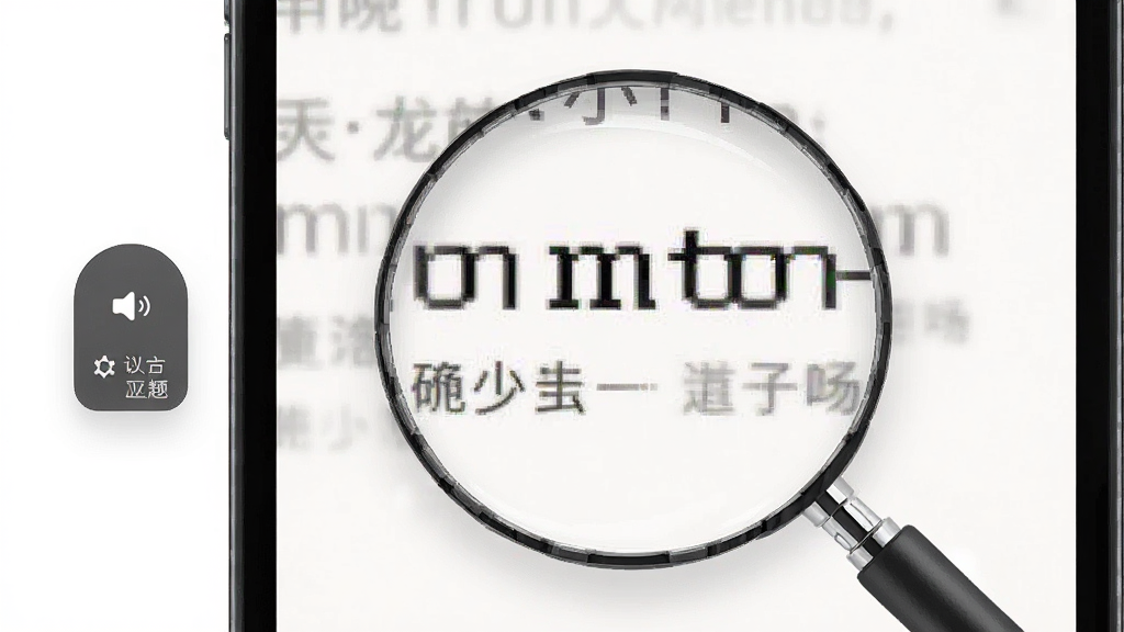 一张展示手机屏幕悬浮窗控制放大区域的图片,画面主体是手机屏幕,屏幕一侧有悬浮控制按钮,屏幕中央显示被放大的文字区域,布局清晰,风格简洁工具类应用界面,细节包括悬浮按钮的图标和放大文字的清晰度,画质高清,干净,无多余元素