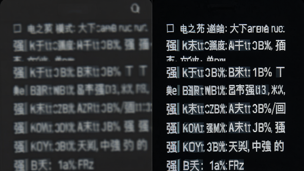 一张展示手机屏幕显示文字增强模式前后对比的图片,画面分为左右两部分,左侧是模糊暗淡的文字,右侧是经过增强后清晰锐利的文字,布局对称,风格对比展示,细节包括文字边缘的锐化效果和亮度变化,画质高清,干净,无多余元素