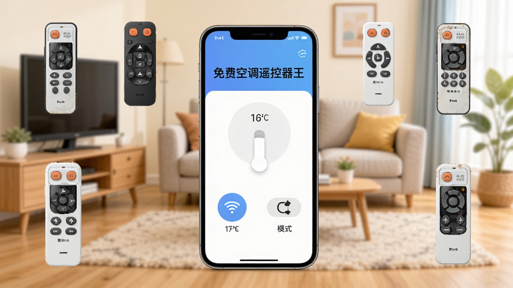 画面中央展示一部智能手机,手机屏幕显示“免费空调遥控器王”应用界面,界面布局简洁,有温度调节按钮和模式切换图标,手机周围环绕着多个不同品牌的空调遥控器图标,背景是温馨的家居客厅场景,风格为现代扁平化设计,细节清晰,画质干净,无多余元素
