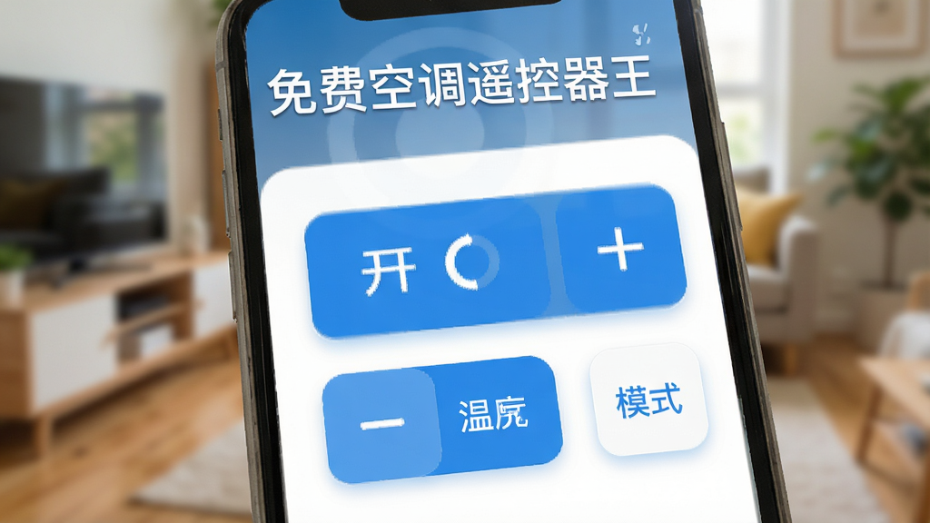 手机屏幕特写,显示“免费空调遥控器王”的界面,界面采用大按钮设计,有开关键、温度加减键、模式切换键,颜色为清爽的蓝色和白色搭配,背景为模糊的家居环境,风格为UI设计展示,细节清晰,画质干净,无多余元素