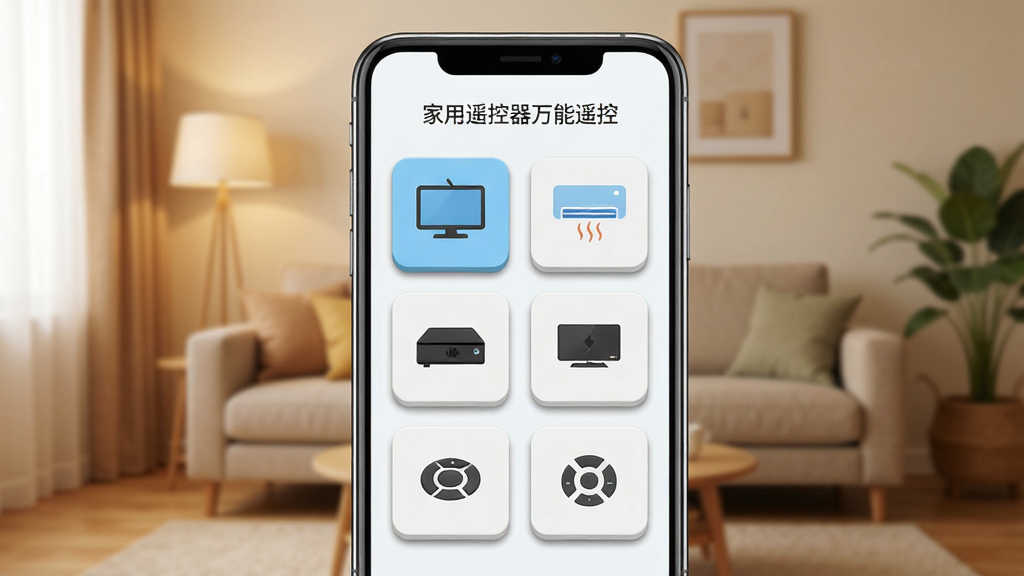 一款名为“家用遥控器万能遥控”的手机应用界面展示图,画面中央是一部智能手机,屏幕显示万能遥控器操作面板,包含电视、空调、机顶盒等家电图标按钮,布局清晰,排版整齐,风格为现代科技感扁平化设计,细节上按钮带有轻微立体阴影,背景为温馨的家居客厅场景,画质高清,干净,无多余元素