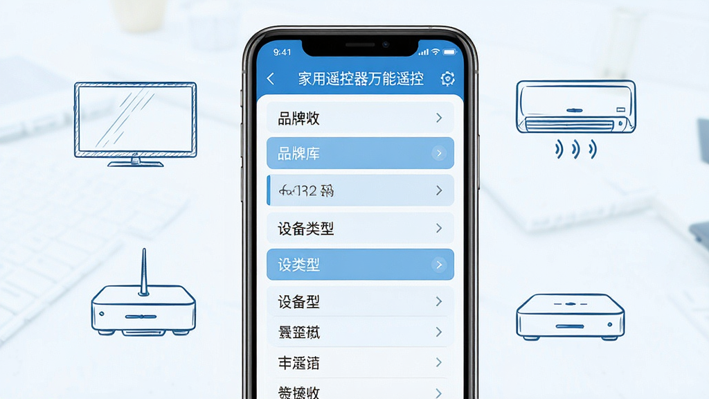 展示“家用遥控器万能遥控”应用内海量红外码库的界面截图风格图,画面中手机屏幕显示品牌列表与设备类型选择菜单,旁边漂浮着电视、空调、机顶盒等家电的线框图标,主体位于画面中央,布局为左右分栏,排版简洁,风格为科技蓝调扁平化,细节上列表项有轻微高亮效果,画质清晰,干净,无多余元素