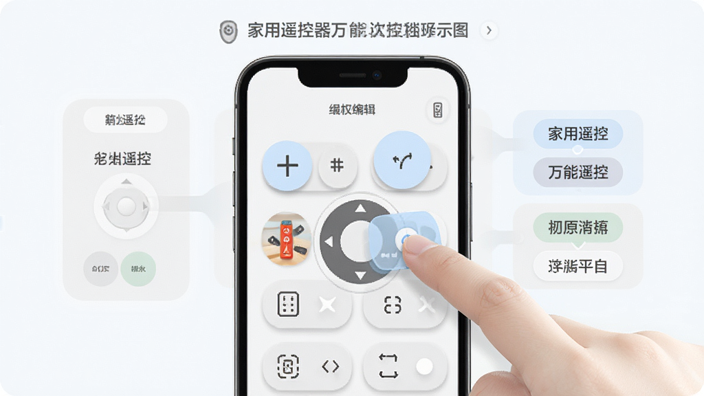 展示“家用遥控器万能遥控”自定义遥控面板功能的示意图,画面中手机屏幕显示可拖拽的按键编辑界面,用户正在调整按钮布局,旁边有多个遥控器标签页,主体为手机界面特写,布局为网格状按键排列,排版灵活,风格为清爽浅色系,细节上按键带有圆角与柔和阴影,画质高清,干净,无多余元素