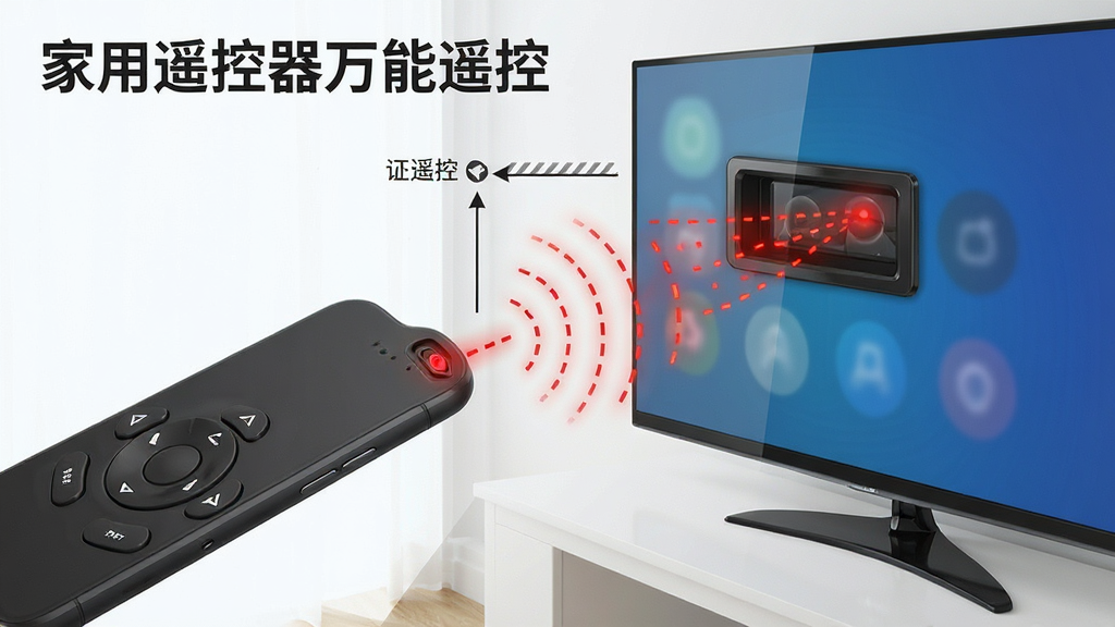 一张展示“家用遥控器万能遥控”使用技巧的示意图,画面中手机红外口对准电视接收窗,旁边有距离标注与信号波纹,主体为手机与电视的交互场景,布局为对角线构图,排版清晰,风格为写实科技风,细节上红外信号以红色虚线表示,画质高清,干净,无多余元素