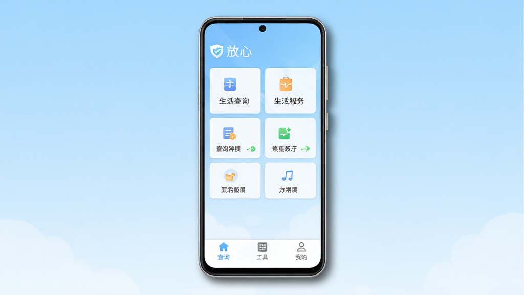 一款名为“放心”的安卓手机应用界面展示图,主体为手机屏幕正面视图,屏幕内显示简洁的生活服务功能卡片布局,包含查询、工具、我的三个底部导航图标,背景为浅蓝渐变,整体排版居中,风格清新简约,细节上手机边框带有轻微阴影,画质高清干净,无多余元素