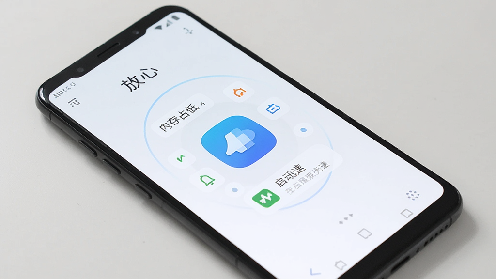 一部安卓手机放置在纯色桌面上,屏幕中显示“放心”应用的主界面,界面中央有一个动态的轻量级图标,周围环绕着内存占用低、启动迅速的抽象符号,整体风格为科技简约,画面干净,画质清晰,无多余装饰
