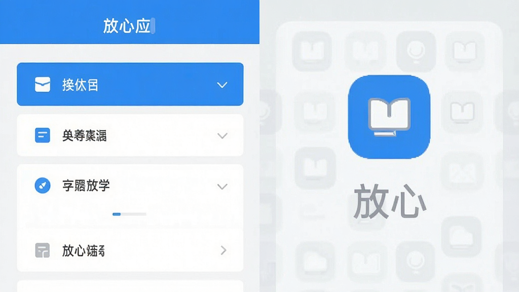 一张展示“放心”应用操作界面的平面设计图,画面分为左右两部分,左侧为功能列表,右侧为对应的图标示意,整体排版整齐,风格清爽,配色以白、蓝、浅灰为主,画质干净,无杂乱元素