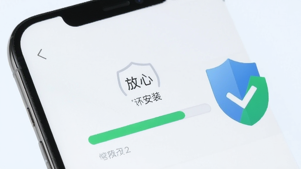 一部手机屏幕显示“放心”应用正在安装的进度条界面,旁边有盾牌和勾选图标象征安全,背景为浅色,风格简洁,画质清晰,无多余元素