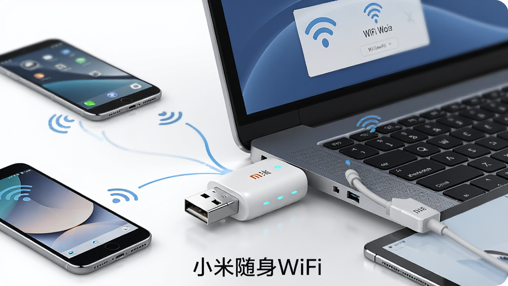 һ��չʾС������WiFi����ϸ���棬������һ����ɫС�ɵ�USB���������豸���ڱʼǱ����Ե�USB�ӿ��ϣ�������Ļ��ʾWiFi�ȵ��ѿ����Ľ��棬��Χ�������ֻ���ƽ����Ե��豸�����������������ʾ��ͼ�����ֲ��þ��й�ͼ���Ű����豸������豸�γɻ������ӹ�ϵ�����Ϊ�Ƽ���Լ�磬ϸ����ͻ��С������WiFi�İ�ɫ������ָʾ������USB�ӿڽ����ʸУ����������ɾ����޶���Ԫ�أ������д����֡�С������WiFi��