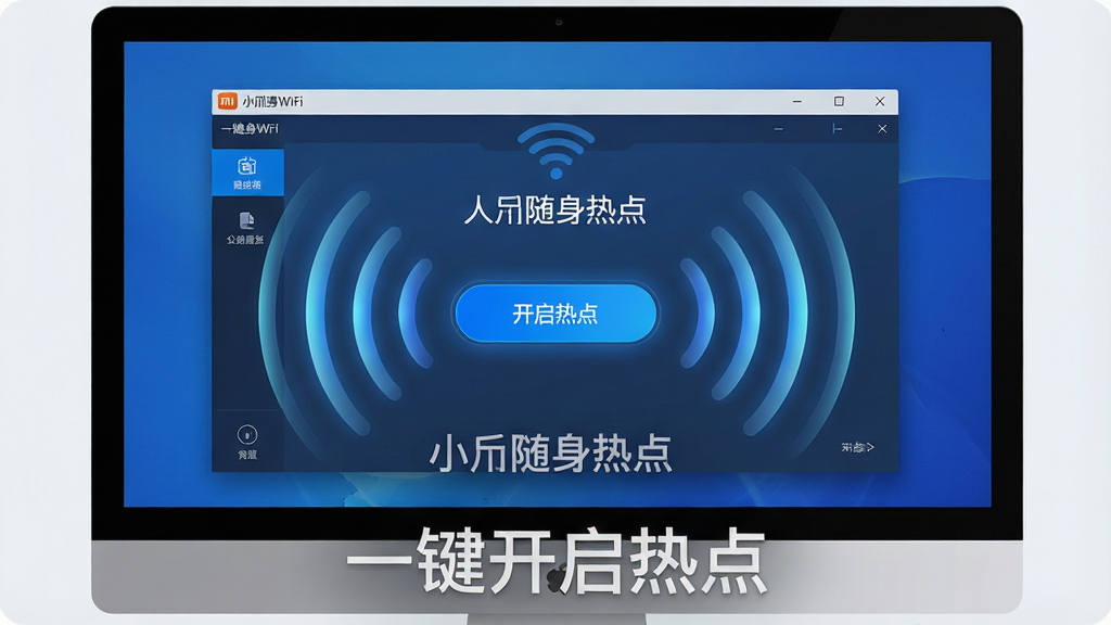 һ��չʾС������WiFiһ�������ȵ㹦�ܵĻ��棬�����ǵ�����Ļ����ʾС������WiFi�������棬����������һ����Ŀ�Ŀ����ȵ㰴ť����Χ�������źŲ�����ɢ���Ӿ�Ч�������ֲ������ķ���״��ͼ���Ű�����������ռ�ݻ������壬���Ϊ���Ƽ��磬ϸ����ͻ������UI����ɫ������ť�ĸ���״̬���źŲ��ƵĽ���Ч�������������ɾ����޶���Ԫ�أ������д����֡�һ�������ȵ㡱
