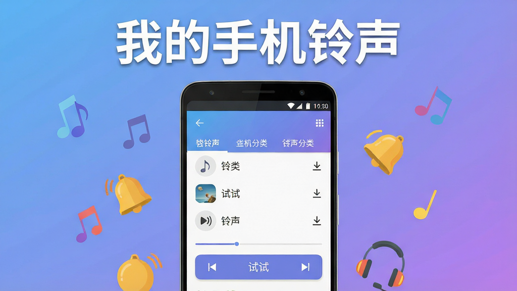 我的手机铃声软件主界面展示,画面中央是一部竖屏安卓手机,屏幕内显示铃声分类列表与试听按钮,手机周围环绕着音符、铃铛、耳机等音频元素图标,背景为柔和的蓝紫渐变色调,顶部用白色粗体字标注“我的手机铃声”,整体布局简洁明快,风格为扁平化UI设计,细节包括分类标签、下载箭头图标、播放进度条,画质高清,干净,无多余元素