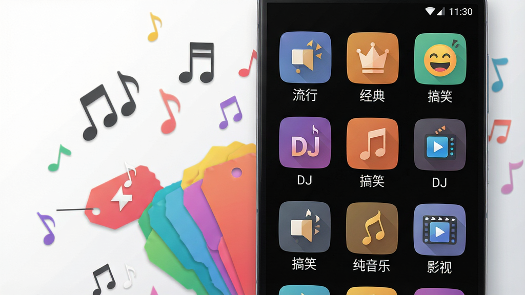 我的手机铃声海量资源库展示,画面为一台安卓手机屏幕特写,屏幕内呈现网格状铃声分类图标,每个图标下方标注“流行”“经典”“搞笑”“DJ”“纯音乐”“影视”等文字,手机旁边散落着音乐符号和彩色标签卡片,背景为干净的白色到浅灰色渐变,风格为现代扁平化设计,细节包括分类图标、文字标签、音符装饰,画质高清,干净,无多余元素