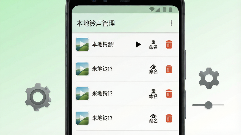 我的手机铃声本地管理界面展示,画面为安卓手机屏幕,屏幕内显示已下载铃声列表,每个条目右侧有播放、重命名、删除图标,顶部标注“本地铃声管理”文字,手机旁边放置齿轮图标和设置滑块,背景为柔和的浅绿色到白色渐变,风格为清新极简设计,细节包括列表条目、操作图标、文字标签,画质高清,干净,无多余元素