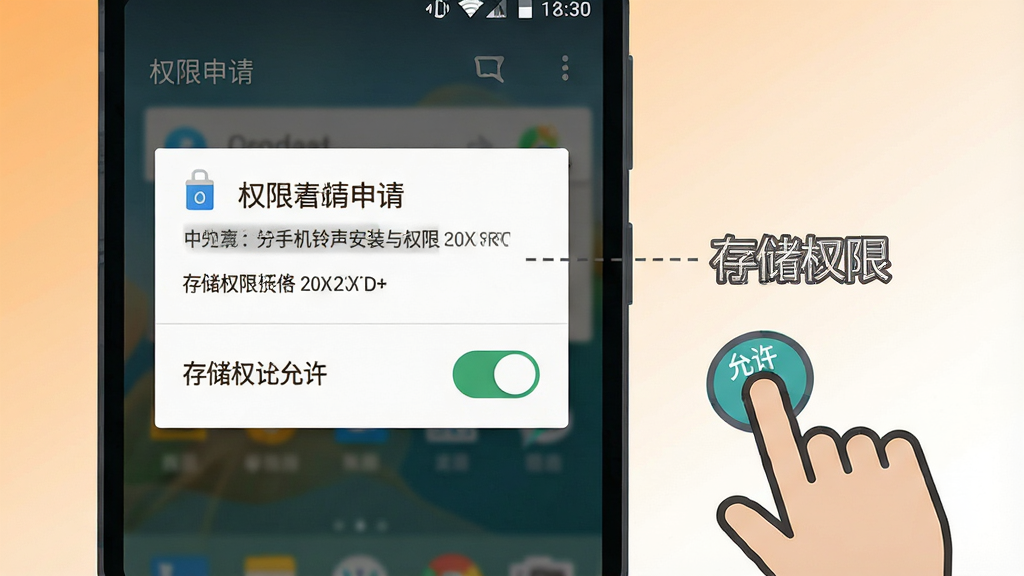 我的手机铃声安装与权限设置示意图,画面为安卓手机屏幕,屏幕内显示权限申请弹窗与存储权限开关,旁边有手指点击“允许”按钮的图标,背景为浅橙色到白色渐变,风格为扁平化教程插图,细节包括弹窗、开关、手指图标、文字标注“存储权限”,画质高清,干净,无多余元素