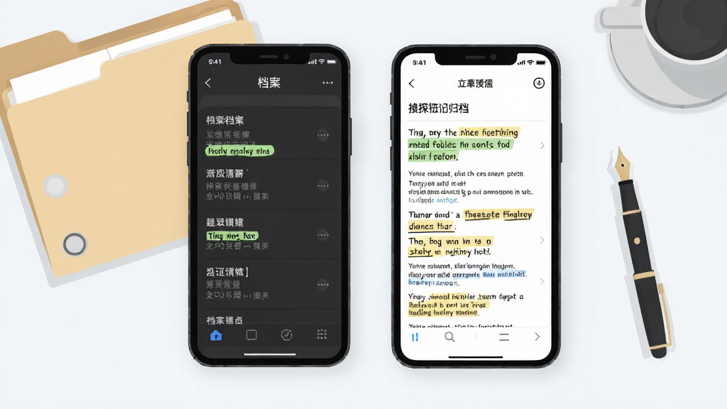一张展示侦探神经笔记归档功能的界面示意图,画面中心是手机屏幕,屏幕上显示着档案列表和笔记详情页,笔记中有高亮标注的关键词,背景是干净的书桌环境,有文件夹和钢笔作为点缀,风格为清新简约的数字插画,画质干净,无多余元素。