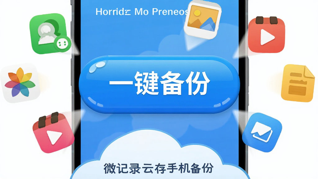 手机界面显示一个巨大的蓝色按钮写着“一键备份”,按钮周围有通讯录、照片、视频、文档等图标向云端飞去,布局为上下结构,上方是手机,下方是云朵,风格为卡通扁平化,细节上按钮有光泽感,图标色彩鲜艳,画质高清,干净,无多余元素,图片中文字为“微记录云存手机备份”