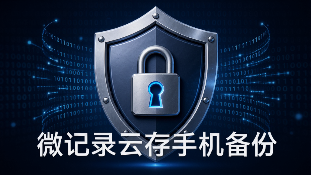一个盾牌图标位于画面中央,盾牌上有一把锁,盾牌周围环绕着数据流和二进制代码,布局为居中对称,风格为安全防护主题,细节上盾牌有金属质感,锁孔发出蓝光,背景为深蓝色,画质高清,干净,无多余元素,图片中文字为“微记录云存手机备份”