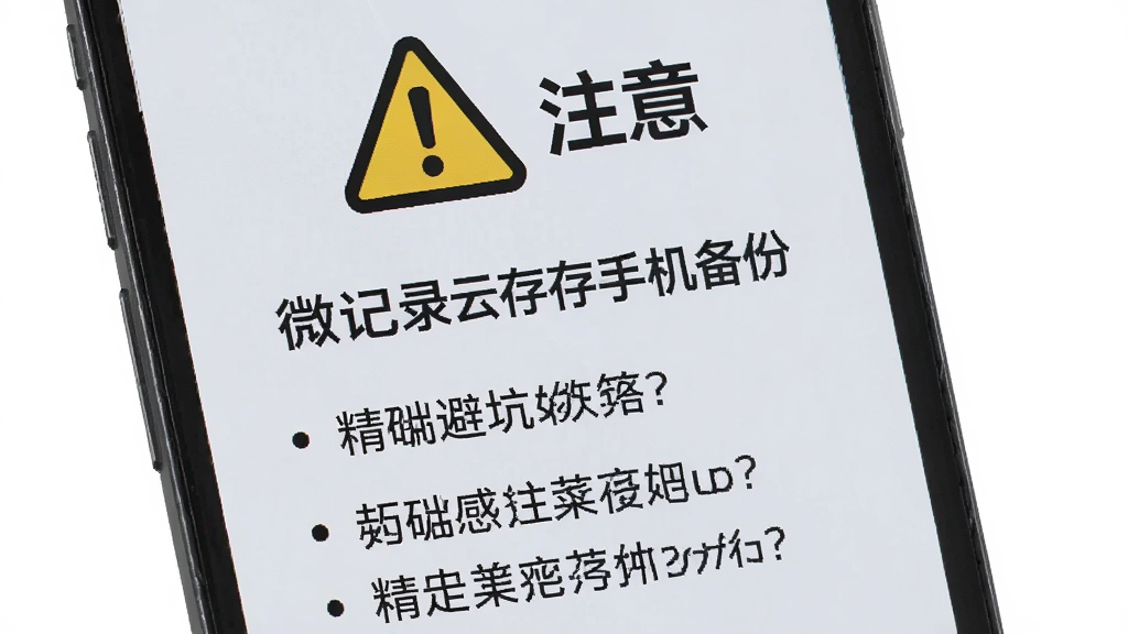 手机屏幕显示一个警告标志,旁边有“注意”字样,下方列出几条避坑提示,布局为上下结构,上方是警告图标,下方是文字列表,风格为扁平化警示风格,细节上警告标志为黄色三角形,背景为浅灰色,画质高清,干净,无多余元素,图片中文字为“微记录云存手机备份”