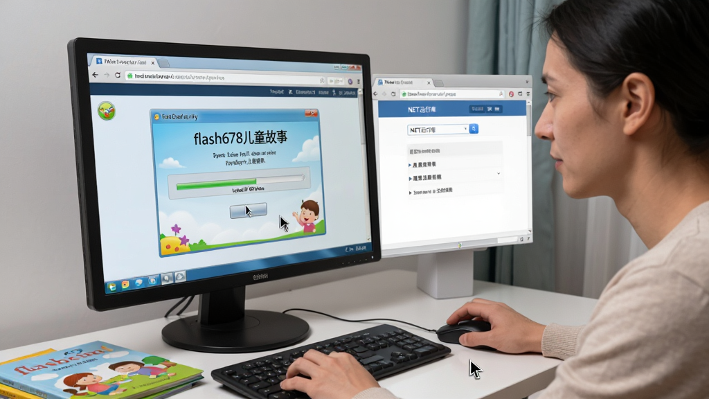 画面主体为一位家长正在电脑前按照教程步骤安装