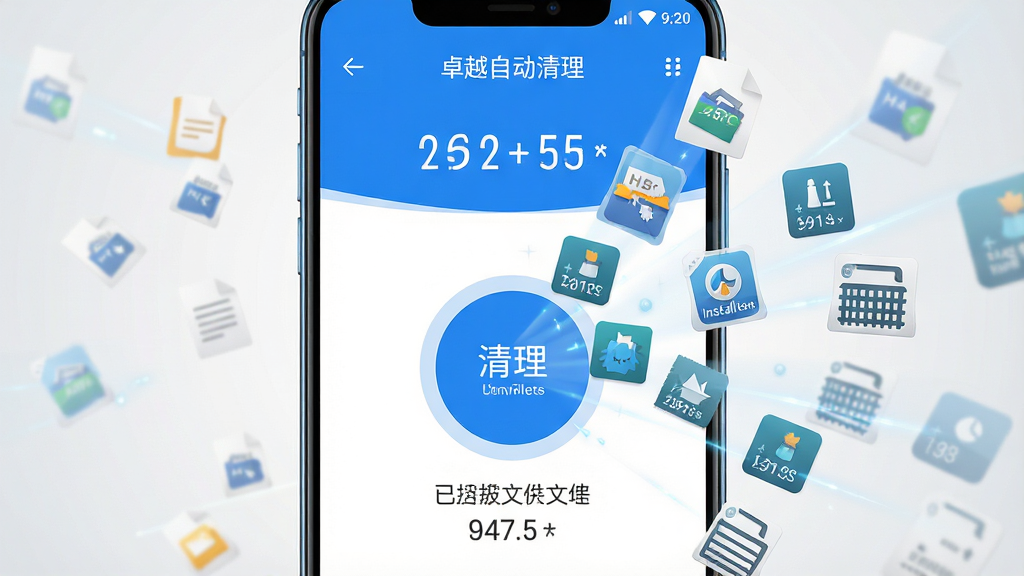 一张展示安卓手机屏幕的清晰图片,画面中央是“卓越自动清理”软件的主界面,界面设计简洁,以蓝白配色为主,显示着大大的圆形清理按钮和已扫描出的垃圾文件大小数字。手机周围环绕着漂浮的缓存文件图标、残留安装包图标和后台进程图标,它们正被吸入手机屏幕中央的清理按钮中。背景是干净的浅灰色渐变,整体风格清爽、科技感强,画质高清,无多余元素。