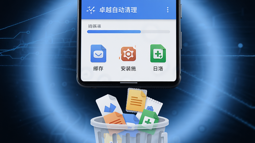 一部安卓手机特写,屏幕上显示“卓越自动清理”软件正在进行深度扫描,扫描进度条和正在扫描的文件类型图标(如缓存、安装包、日志)清晰可见。手机下方有一个虚拟的垃圾桶,各种文件图标正落入其中。背景是柔和的蓝色光晕,整体风格干净、现代,画质高清,无多余元素。
