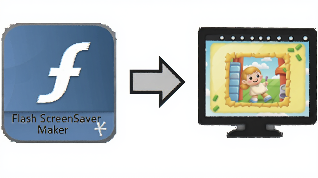һ��չʾ�ļ�ת�����̵�ʾ��ͼ�����������һ����ע�� Flash ScreenSaver Maker ������ͼ�꣬�м���һ�����ҵļ�ͷ����ͷ�Ҳ���һ����Ļ��������ͼ�꣬���������ƽ��������Ϊ����ɫ�������������޶���Ԫ��