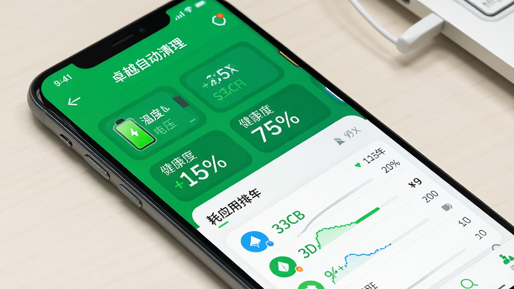 一张展示手机电池健康状态的图片,屏幕上显示“卓越自动清理”的电池管理界面,有电池温度、电压、健康度百分比以及耗电应用排行。界面以绿色和白色为主,给人节能、健康的视觉感受。背景是干净的浅色桌面,画质高清,无多余元素。