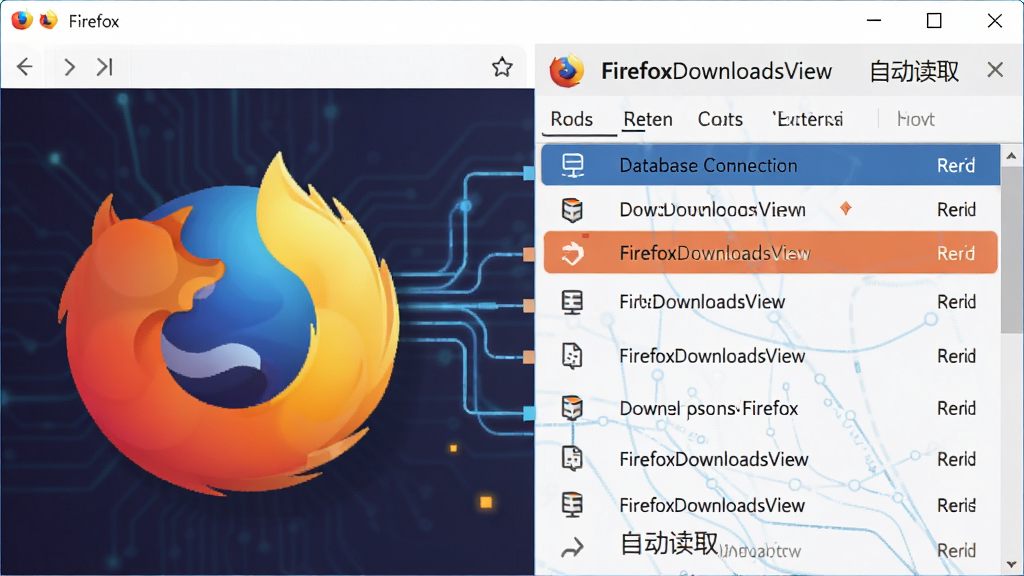 AI��ͼ������ΪFirefox���ز鿴�������Զ���ȡ���ؼ�¼�Ľ��棬����Ϊ���Firefox�����ͼ���Ҳ����ؼ�¼�б����Ű�Ϊ���ҷ��������Ϊ��ƽ���Ƽ����ϸ�ڰ������ݿ������ߡ����ؼ�¼��Ŀ��Firefox��־�Գ�ɫ����ɫ��ɫ�����ʸ��壬�ɾ����޶���Ԫ�أ����������ְ���
