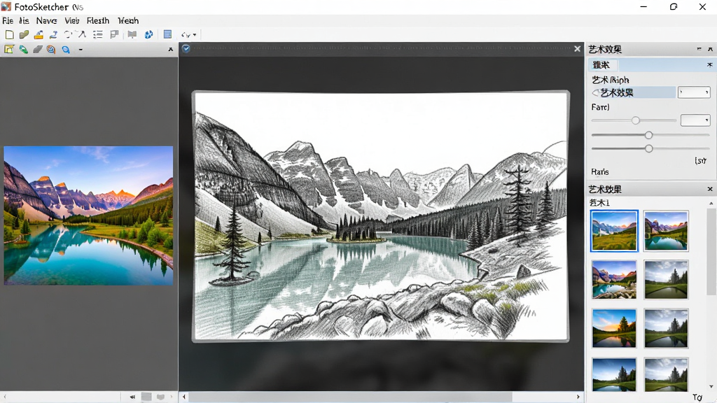 FotoSketcher ����������ȫ��չʾ������������һ��ɫ�����޵ķ羰��Ƭ���ڱ�ת��ΪǦ�������������ԭͼԤ�����ڣ��Ҳ�������Ч������������壬���沼�ּ�����������Ϊ�ִ����������ͼ��ϸ�ڰ����˵�������������Ч������ͼ�б������ʸ��壬�ɾ��޶���Ԫ�ء�