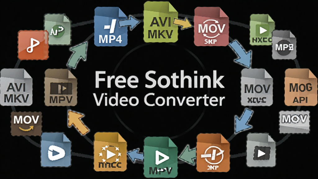 һ��չʾ������Ƶ��ʽͼ�껷��ת����ͷ��ͼƬ������Ϊ Free Sothink Video Converter ���������������룬����ΪԲ�η���״���Ű�ͻ����ʽ��ת������Ϊ��ƽ���Ƽ��У�ϸ�ڰ��� MP4��AVI��MKV��MOV �ȸ�ʽ��ʶ�����ʸ��壬�ɾ����޶���Ԫ��