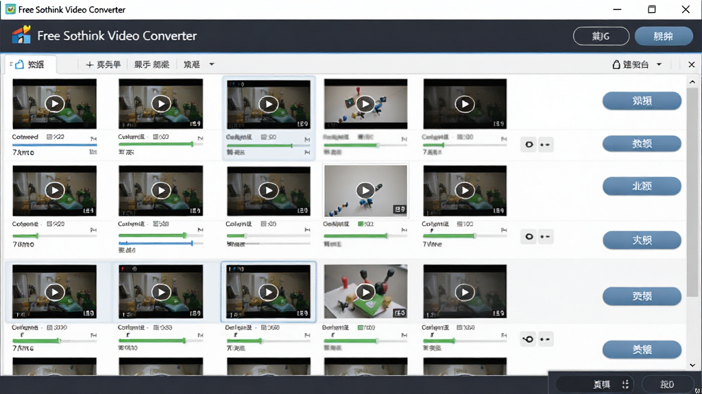 һ��չʾ������Ƶ�ļ��Ŷ�ת���Ľ���ͼ������Ϊ Free Sothink Video Converter �������ڣ�����Ϊ�б�ʽ���У��Ű��������򣬷��Ϊ�ִ��칫�磬ϸ�ڰ��������Ƶ����ͼ��������������������ť�����ʸ��壬�ɾ����޶���Ԫ��