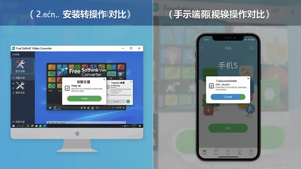 һ��չʾ���Զ����ֻ�����Ƶת�������Աȵ�ʾ��ͼ������Ϊ Free Sothink Video Converter �����������ֻ� App ���沢�У�����Ϊ���ҷ������Ű������Աȣ����Ϊ��ƽ���̷̳磬ϸ�ڰ�����װ����ͼ�ꡢȨ�����õ�����ת����ť�����ʸ��壬�ɾ����޶���Ԫ��