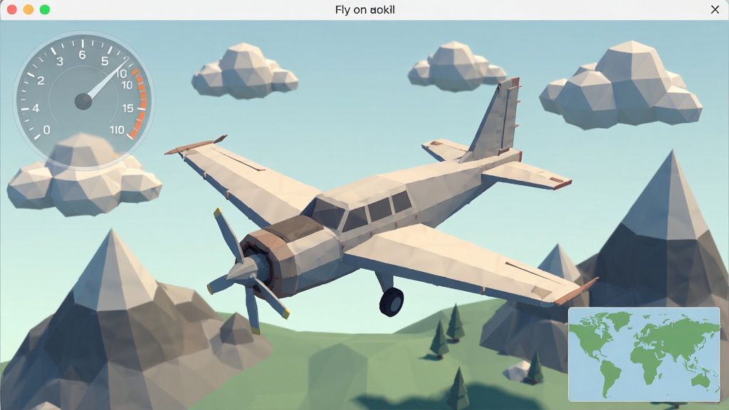 一张Fly on desktop软件界面截图,画面中心是一架低多边形风格的飞机,背景是几何形状的云朵和山脉,界面布局为极简风格,左上角有半透明的速度表,右下角有简易地图,整体排版清爽,风格为扁平化3D艺术,细节包括棱角分明的机翼与柔和的环境光遮蔽,画质清晰干净,无多余装饰元素