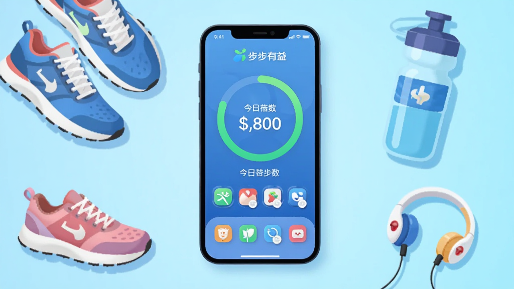 画面中央放置一部智能手机,手机屏幕上显示步步有益应用的主界面,界面中有圆形步数进度环和今日步数数字,手机周围散落运动鞋、水杯、耳机等健康生活小物件,背景为浅蓝色渐变,整体布局居中对称,风格为扁平化插画,细节包括柔和的阴影和圆角图标,画质清晰干净,无多余元素