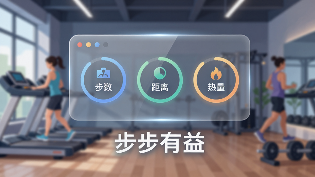 画面中央悬浮一块半透明数据面板,面板上显示步数、距离、热量三个圆形指标,面板下方是步步有益应用名称文字,背景为室内健身房虚化场景,布局居中,风格为科技感扁平插画,细节包括柔和光晕和简洁图标,画质清晰干净,无多余元素