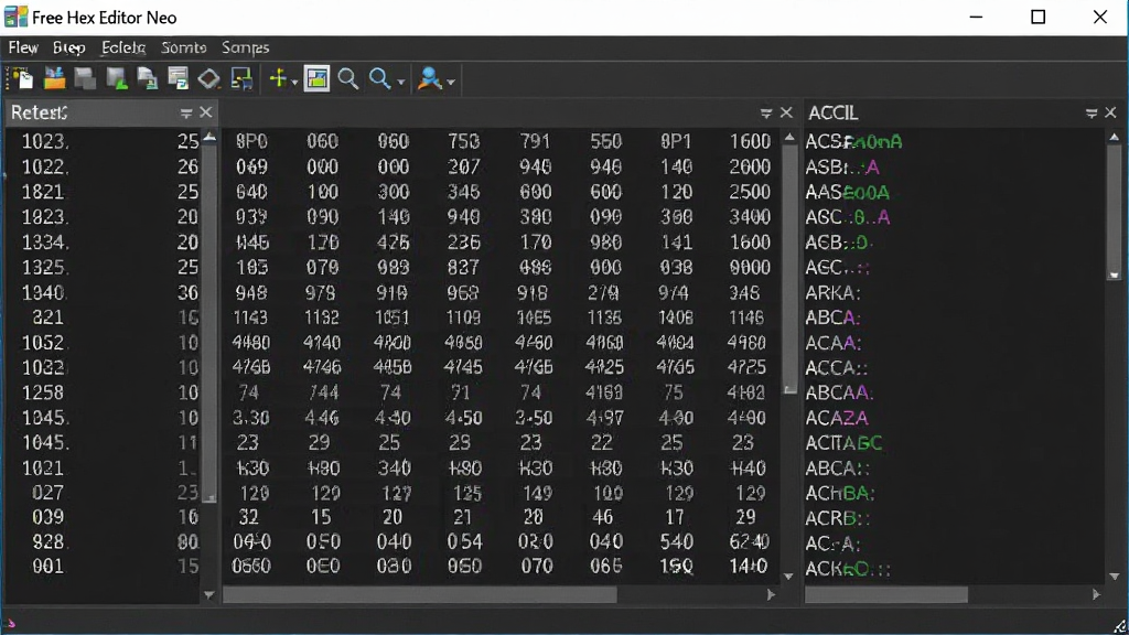 һ��չʾFree Hex Editor Neo�����������ͼƬ��������������ɫ�����ʮ�����Ʊ༭���ڣ������ʾ��ַ�����м���ʮ��������ֵ�����Ҳ��Ƕ�Ӧ��ASCII�ַ����򣬴��ڶ����в˵����͹����������岼��רҵ���࣬���Ϊ���������ͼ��ϸ�����������ʸɾ����޶���Ԫ��