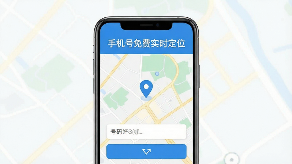 手机号免费实时定位软件主界面展示,主体是一部智能手机屏幕显示地图定位界面,布局为居中手机正面视图,排版上软件名称