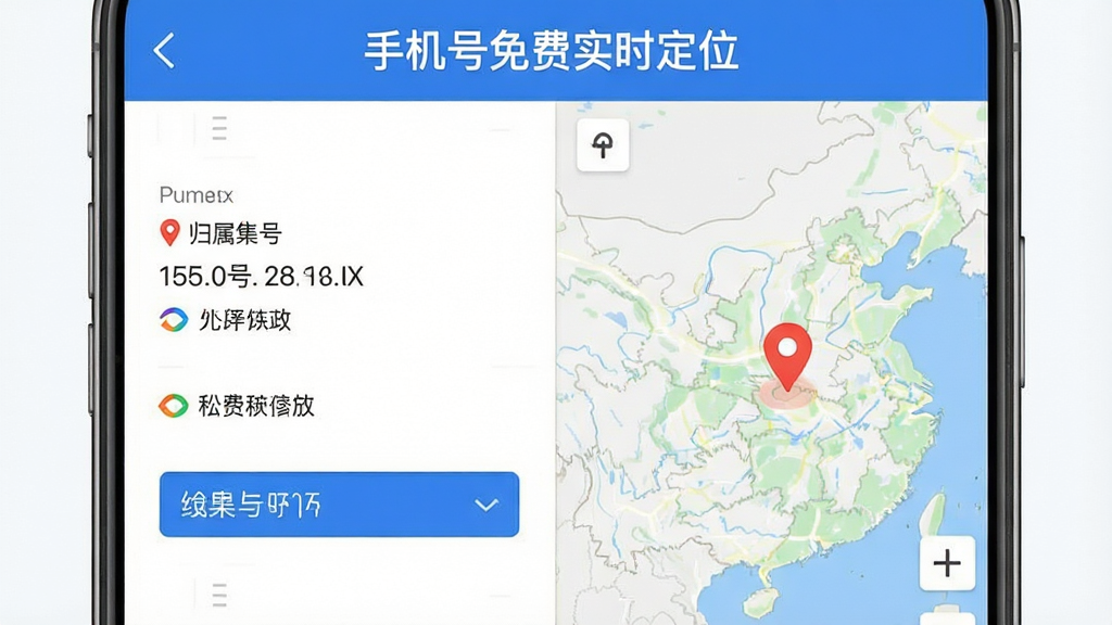 手机号免费实时定位功能展示图,主体是手机屏幕显示号码输入与地图定位结果,布局为左右分栏左侧输入框右侧地图,排版上软件名称