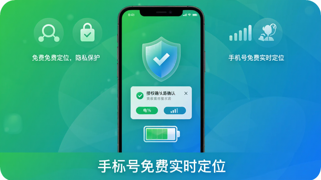 手机号免费实时定位隐私保护与低耗运行示意图,主体是手机屏幕显示盾牌图标与电池图标,布局为上下结构上方功能图标下方文字说明,排版上软件名称