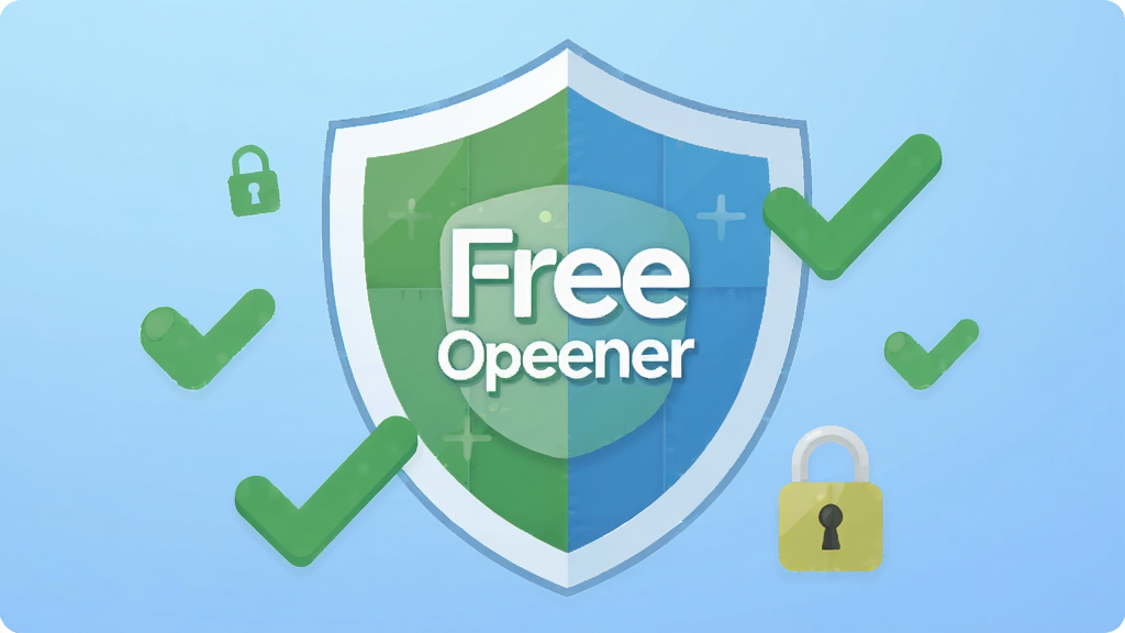 һ������������ȫ�����Ĳ廭������������һ��������״��ͼ�꣬�����ڲ��� Free Opener ��������־����Χ����ɫ�Թ������η��ţ�����Ϊ��͵���ɫ���䣬���Ϊ��ƽ����ȫ���⣬ϸ�ڼ�࣬���ʸɾ����޶���Ԫ�ء�