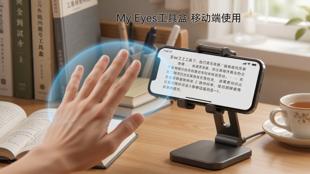 一张展示手机支架固定设备并使用手势控制的场景图,画面为桌面视角,手机横放在支架上,屏幕显示阅读界面,前方有一只手掌正在向左挥动,手掌周围有淡蓝色轨迹线,背景为书房环境,风格为写实摄影感插画,细节包括桌面有书本和茶杯,画质清晰干净,无多余元素,图片中文字标注“My Eyes工具盒 移动端使用”