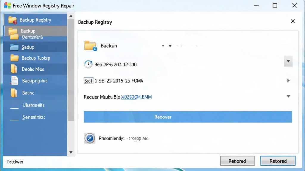һ��չʾ Free Window Registry Repair ���������뻹ԭ���ܵ�ʾ��ͼ������Ϊ�����������ô��ڣ�����Ϊ��ർ�������Ҳ�������壬�Ű������ˣ����ΪWindowsϵͳ���߷��ϸ�ڰ����ļ���ͼ�ꡢ����ʱ�������ԭ��ť�����ʸ��壬����ɾ����޶���Ԫ�أ�ͼƬ����������Ϊ��Backup Registry��