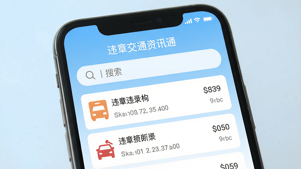 一张手机屏幕展示交通违章查询APP界面的图片,画面中央是“违章交通资讯通”的软件主界面,顶部有搜索框,下方列表展示违章记录条目,背景是浅蓝色渐变,界面干净整洁,风格为扁平化UI设计,细节清晰,画质高清,无多余元素