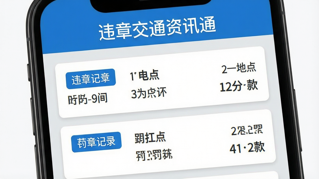 手机屏幕显示违章记录列表,画面中文字“违章交通资讯通”出现在顶部标题栏,下方有多条违章记录卡片,卡片上有时间、地点、扣分、罚款等信息,整体风格简洁商务,浅灰色背景,蓝色高亮标签,画质清晰,干净无多余元素