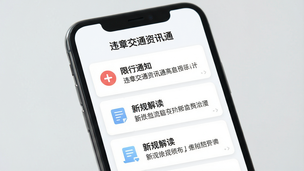 手机界面展示交通资讯信息流,顶部有“违章交通资讯通”文字标识,下方是新闻卡片列表,卡片上有“限行通知”“新规解读”等标题,配有小图标,背景为白色,风格清新浅色,排版整齐,画质高清,无杂乱元素