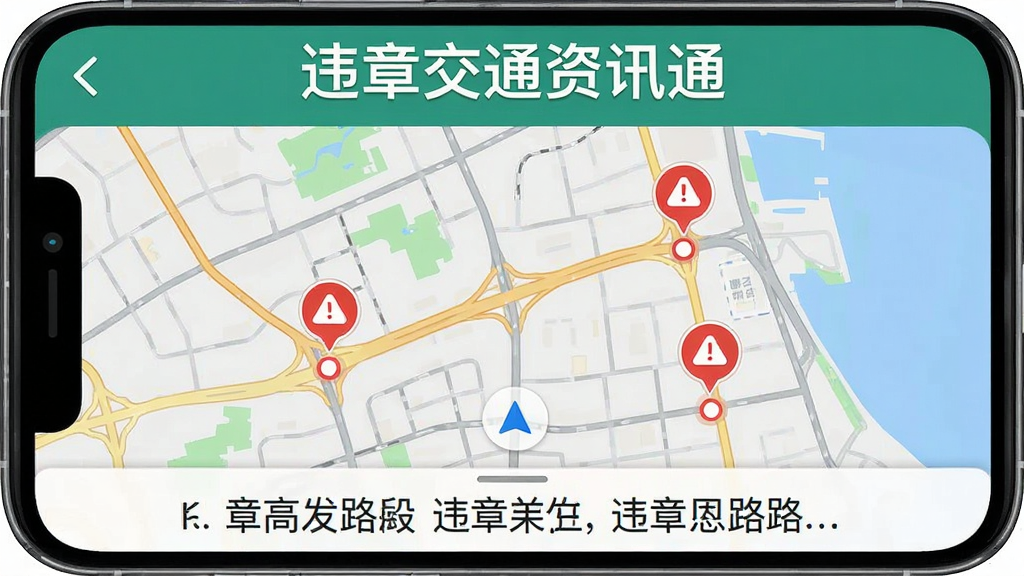 手机屏幕显示地图与违章高发路段标记,画面顶部有“违章交通资讯通”字样,地图上有红色警示图标标注违章多发点,下方有文字说明,风格为地图导航类界面,配色清爽,细节清晰,画质干净